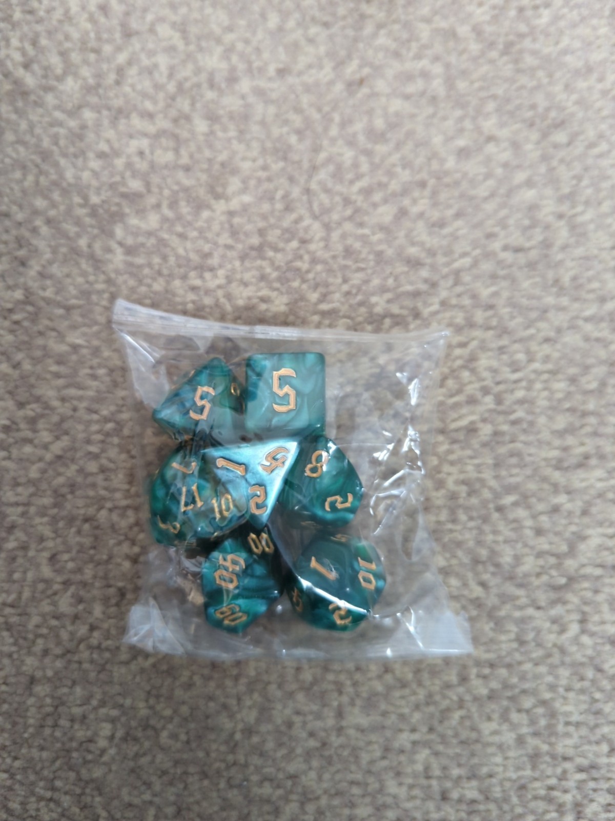 Set Of 7 Dice- Green And Black Swirl With Gold Writing