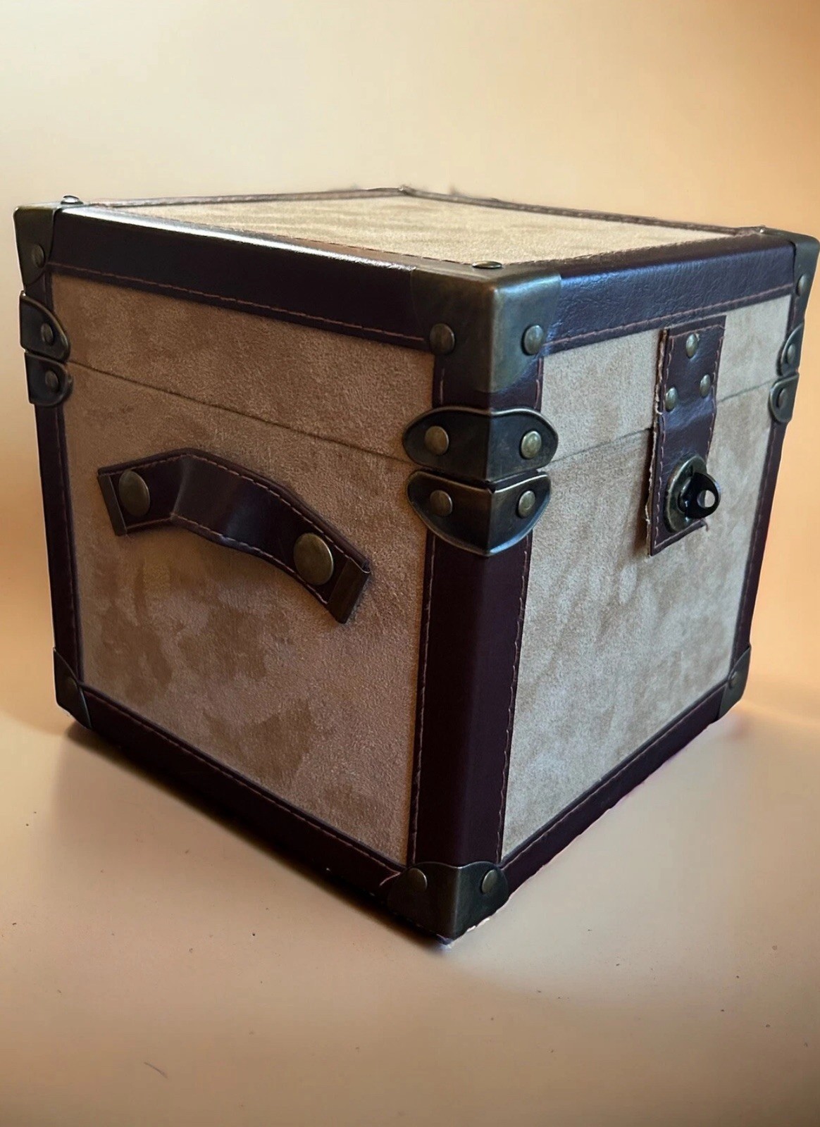 SMALL SUEDE STORAGE TRUNK WITH LEATHER STRAPS