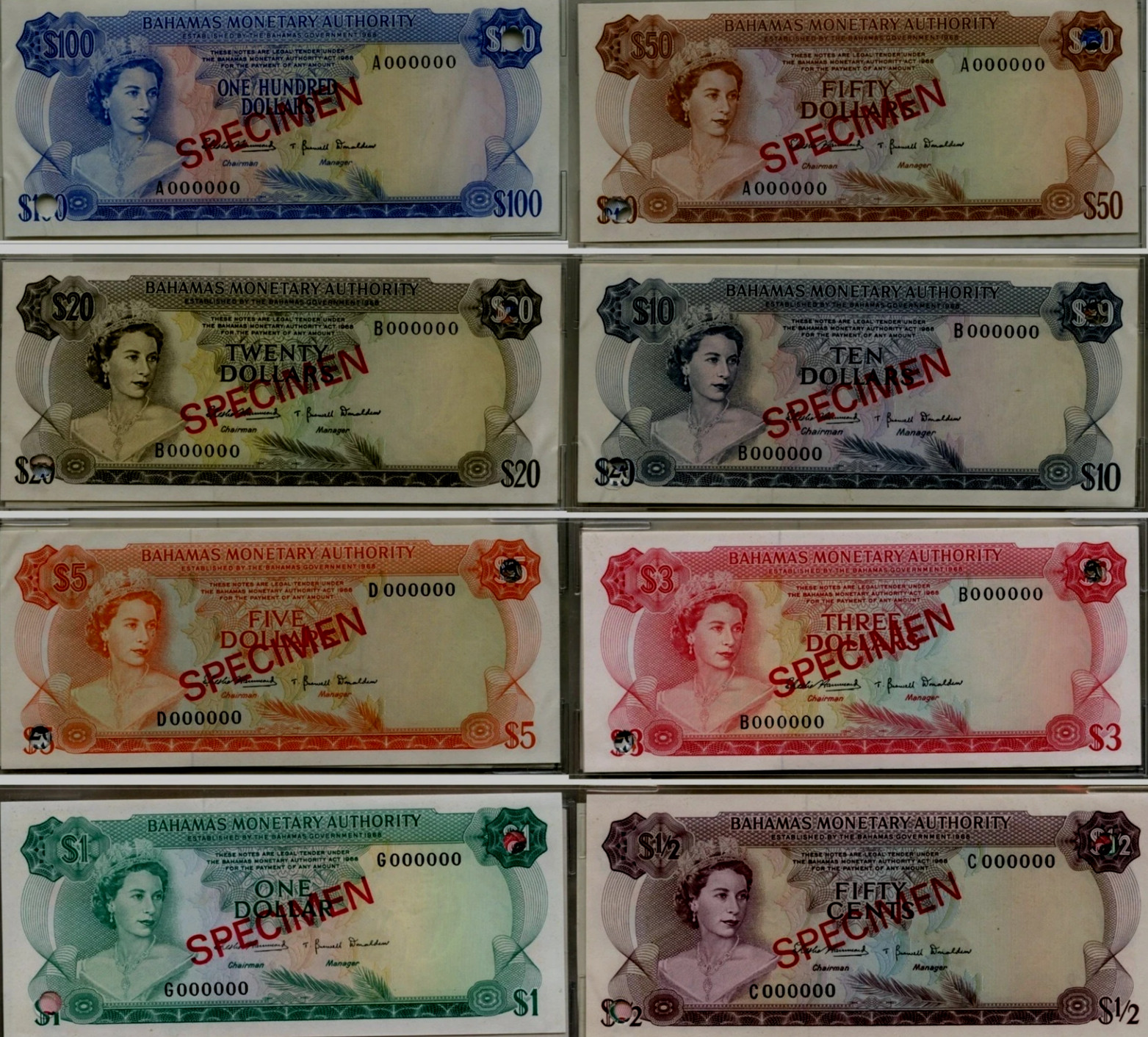 BAHAMAS ½ 1 3 5 10 20 50 100 P26 27 28 29 30 31 32 33 1968 Specimen Set UNC NOTE