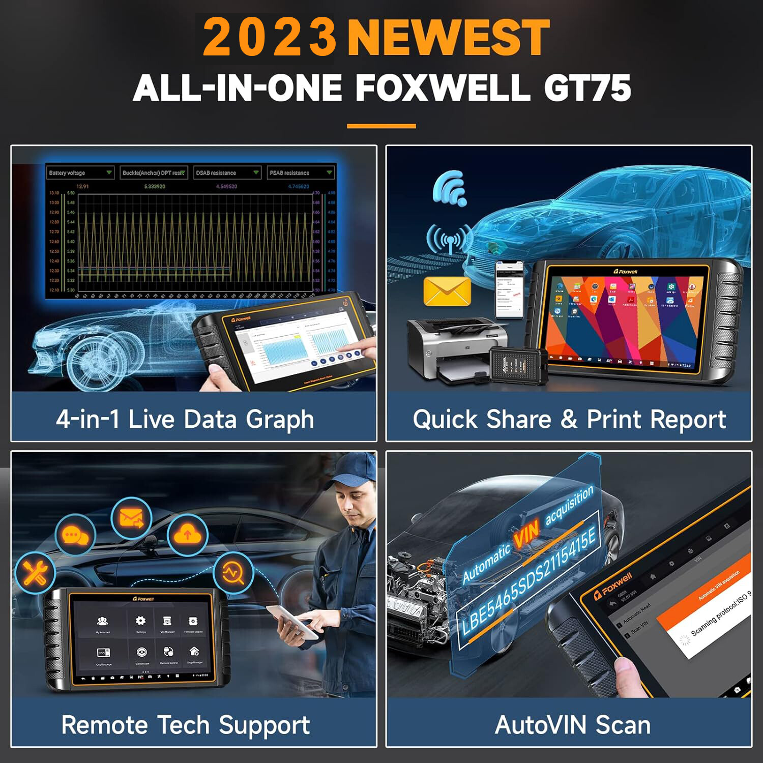FOXWELL GT75 Bidirectional Car Diagnostic Tool OBD2 Scanner K-ey Coding TPMS