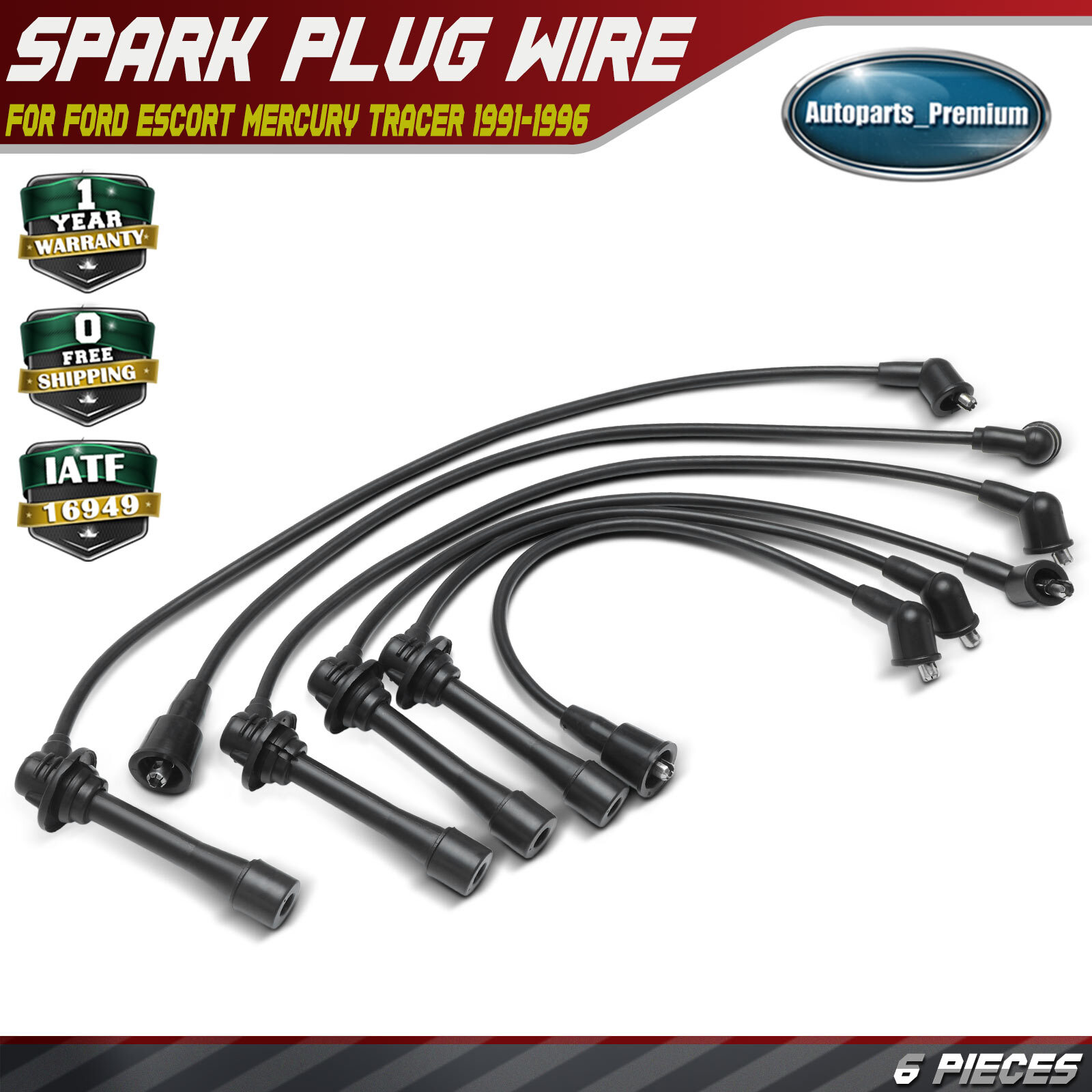 6x Spark Plug Wire Set for Ford Escort Mercury Tracer 1991-1996 Capri Mazda 323