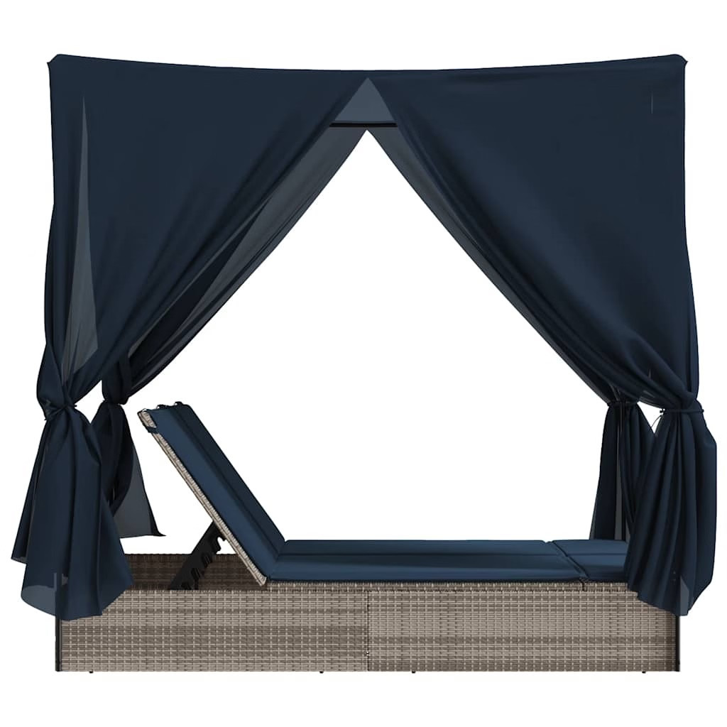Double Sun Lounger with Roof and Curtains Gray Poly Rattan