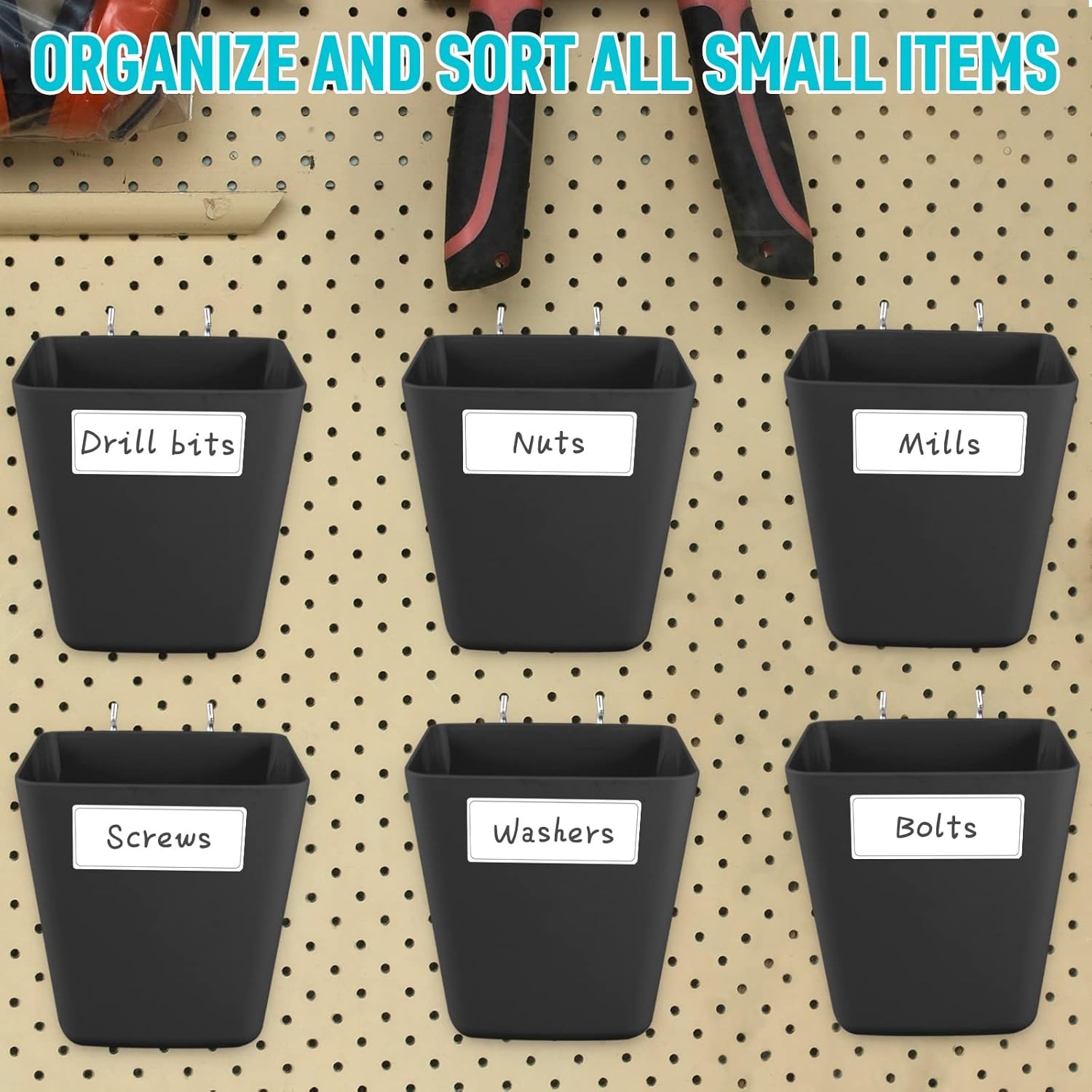 G.CORE Large Pegboard Cups Peg Board Storage Bin 6 Pack with Hooks, Black