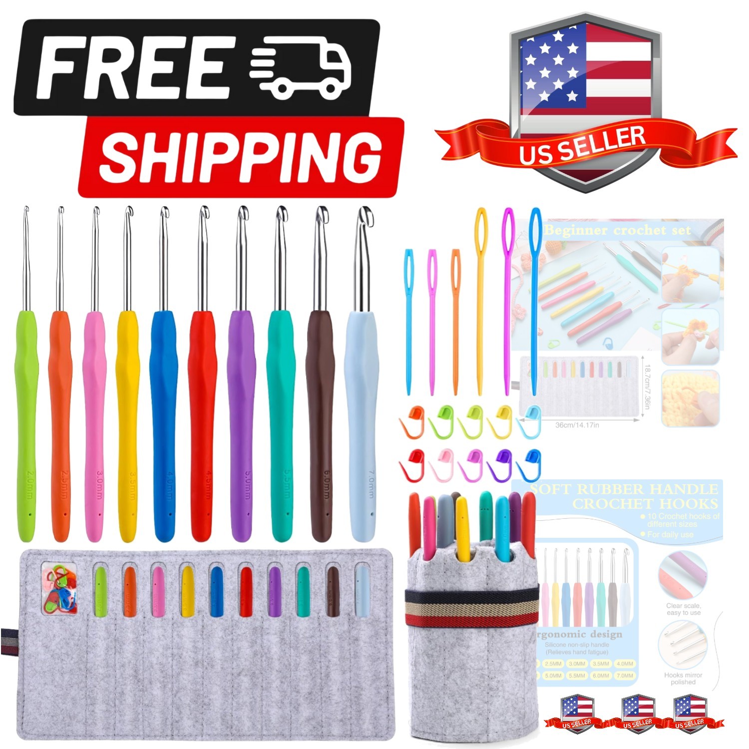 Crochet Hooks Set, 10 Sizes Ergonomic Crochet Hooks with Roll Felt Bag for Be...