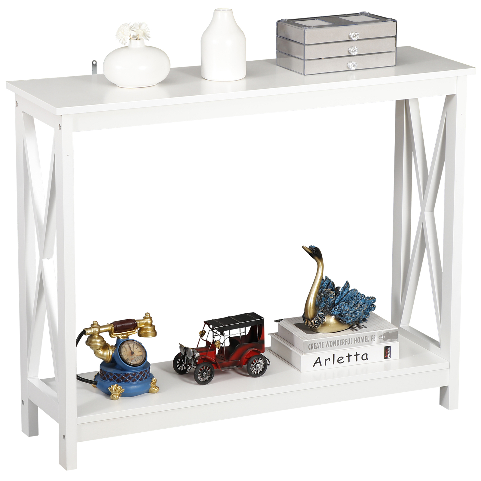 Wallmount Enhanced X Shaped Home Entryway Console Table MDF Frame, White