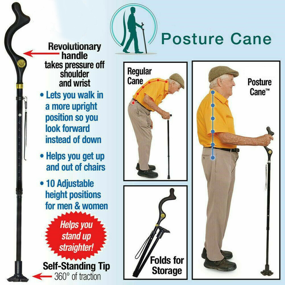 Straight Posture Cane Adjustable Height Walking Stick Folding Trekking Pole US