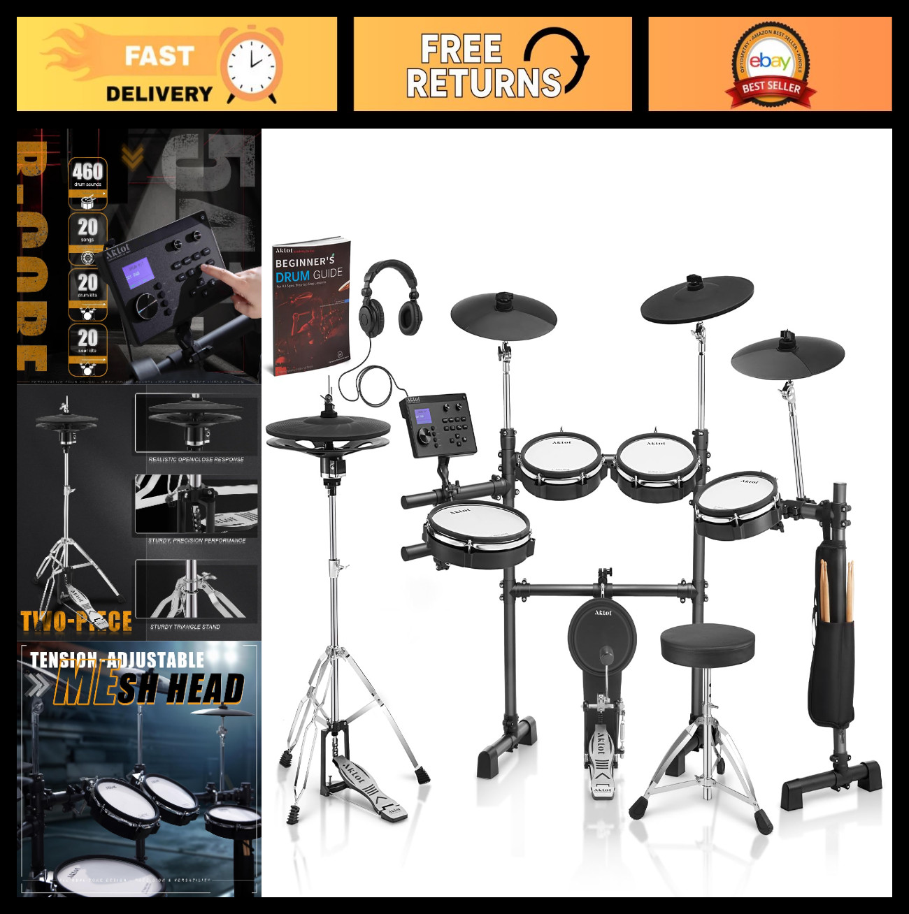 Expanded Electric Drum Set - 12" Hi-Hat, Dual-Zone Snare, Mesh Heads, 460 Sounds