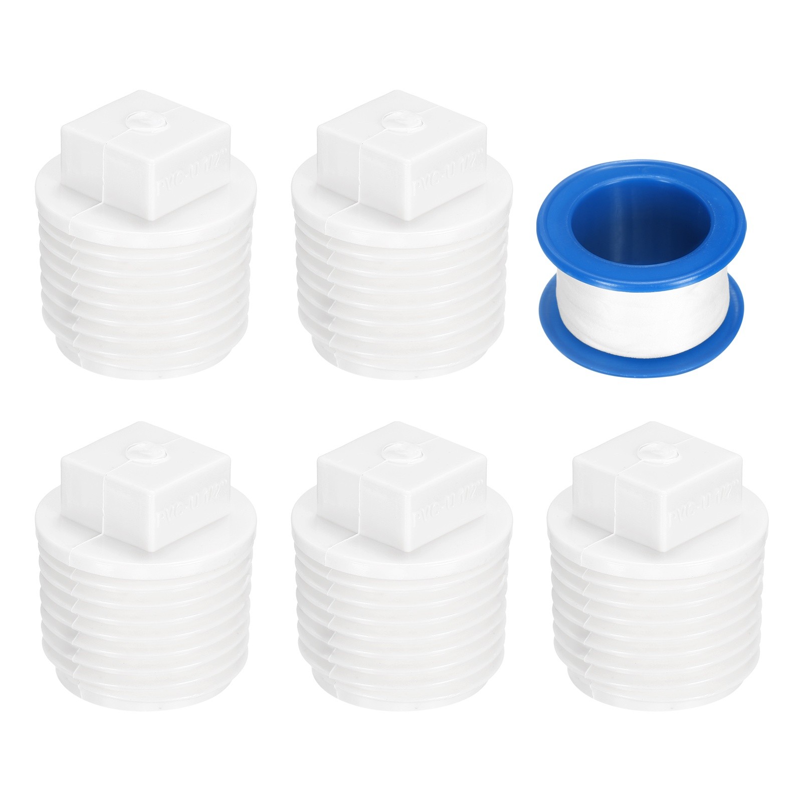 5Pcs 1/2 Inch PT Male Thread PVC Pipe Fitting Plug with Tape, White