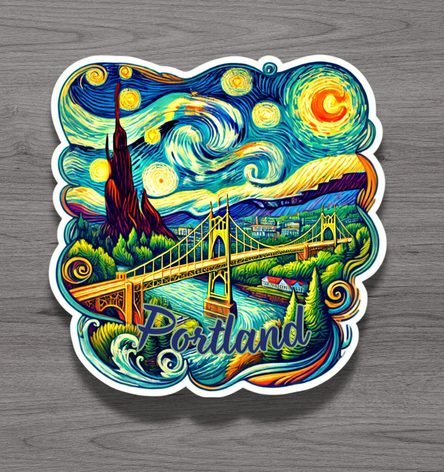 Portland Oregon Van Gogh Inspired Fridge Magnet or Laptop Sticker