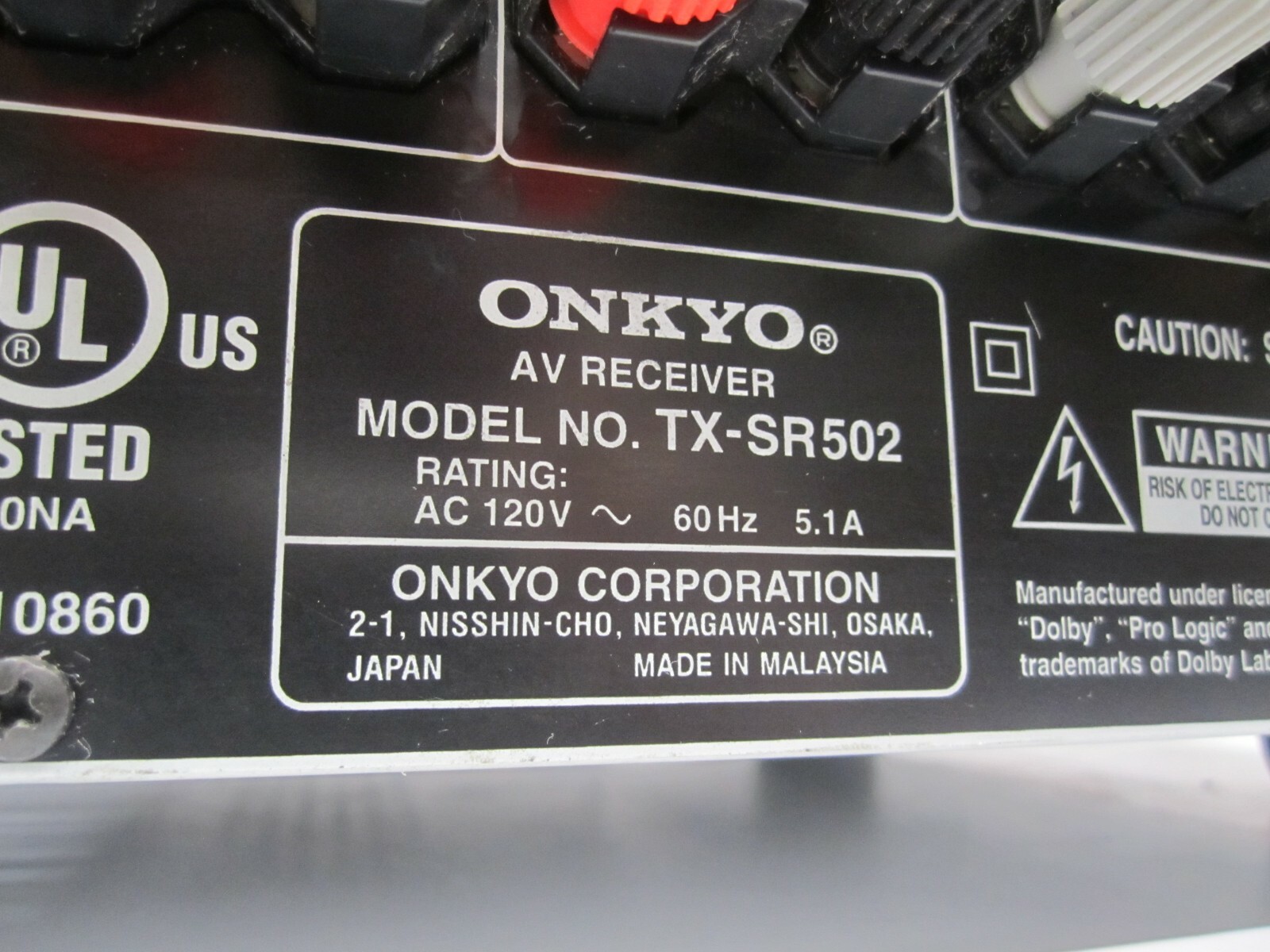 Onkyo TX-SR502 Theater 6.1 Surround Sound Audio Video AV Receiver No Remote