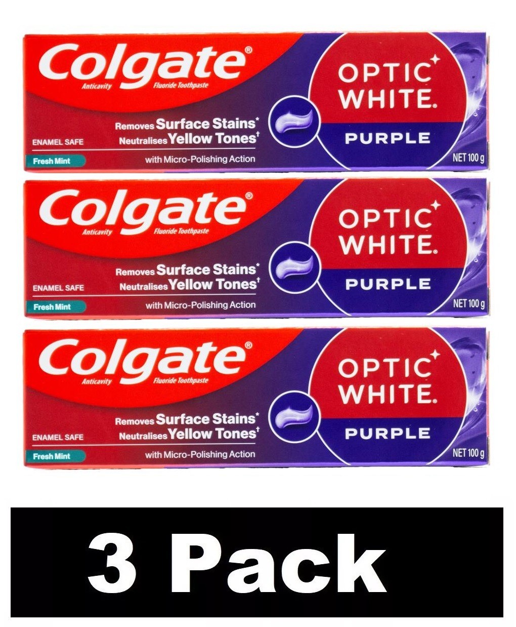 3 x COLGATE 100g TOOTHPASTE OPTIC WHITE PURPLE FRESH MINT BRAND NEW