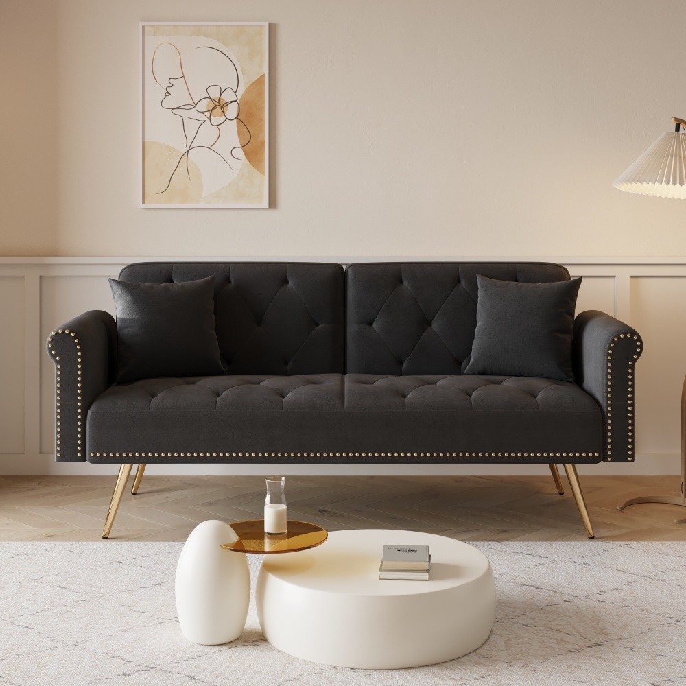 69.7" Velvet Sofa Bed - Nail Head Trim + Matching Throw Pillow Black