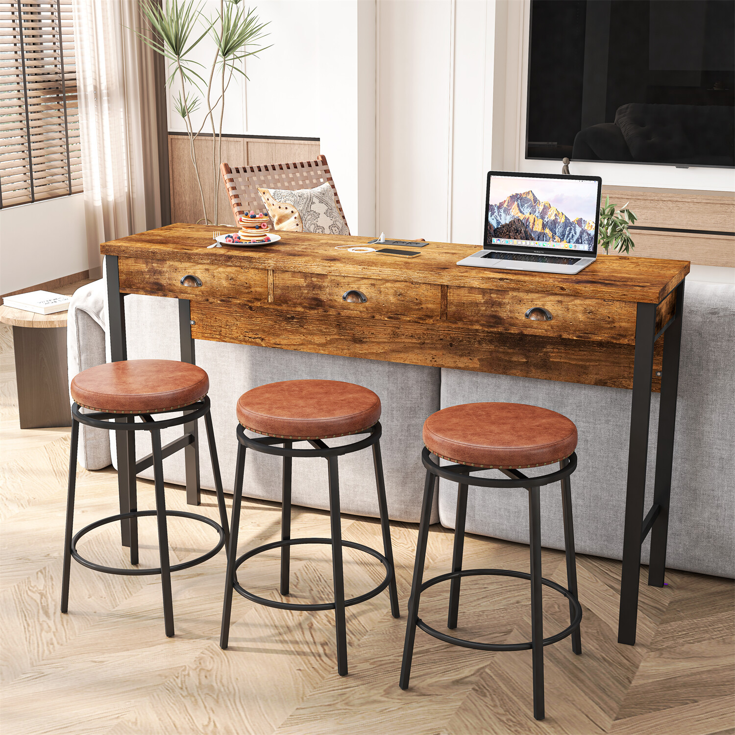 4 Piece Bar Table Set Counter Height Kitchen Pub Table w/ 3 Bar Stools