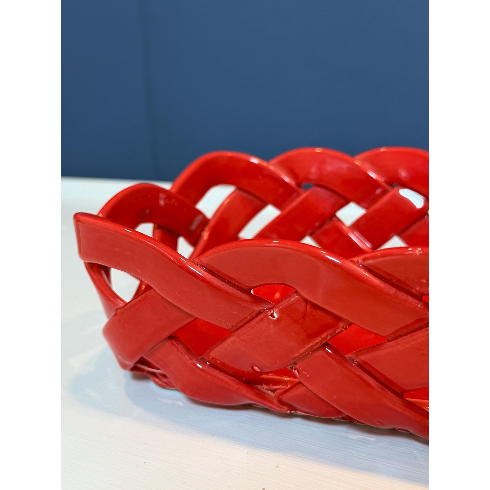 Vintage Primo Gi Red Ceramic Woven Bread Basket Italy Large Weave