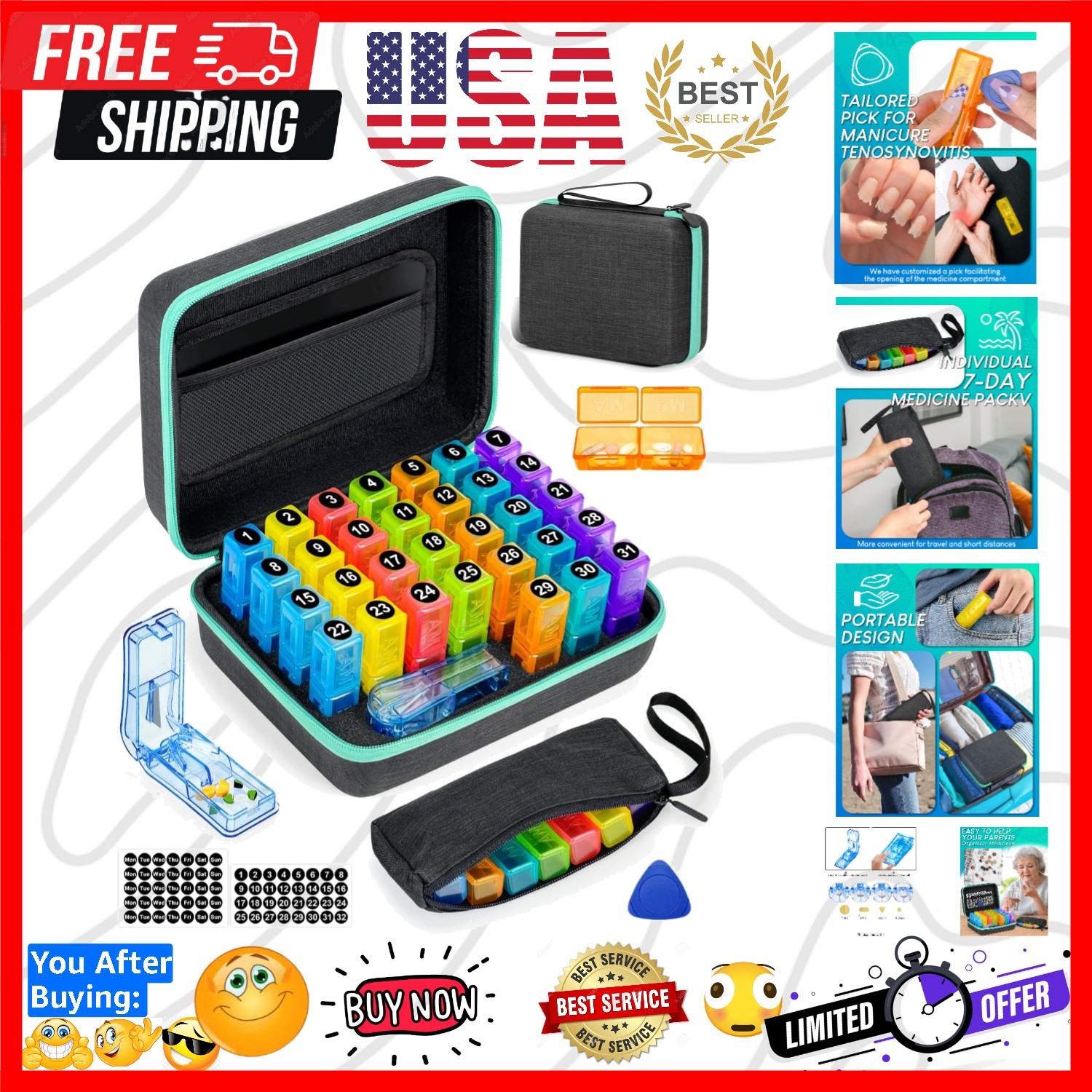 Monthly Pill Organizer 2 Times a Day, with Weekly Pill Bag, Portable Hard She...