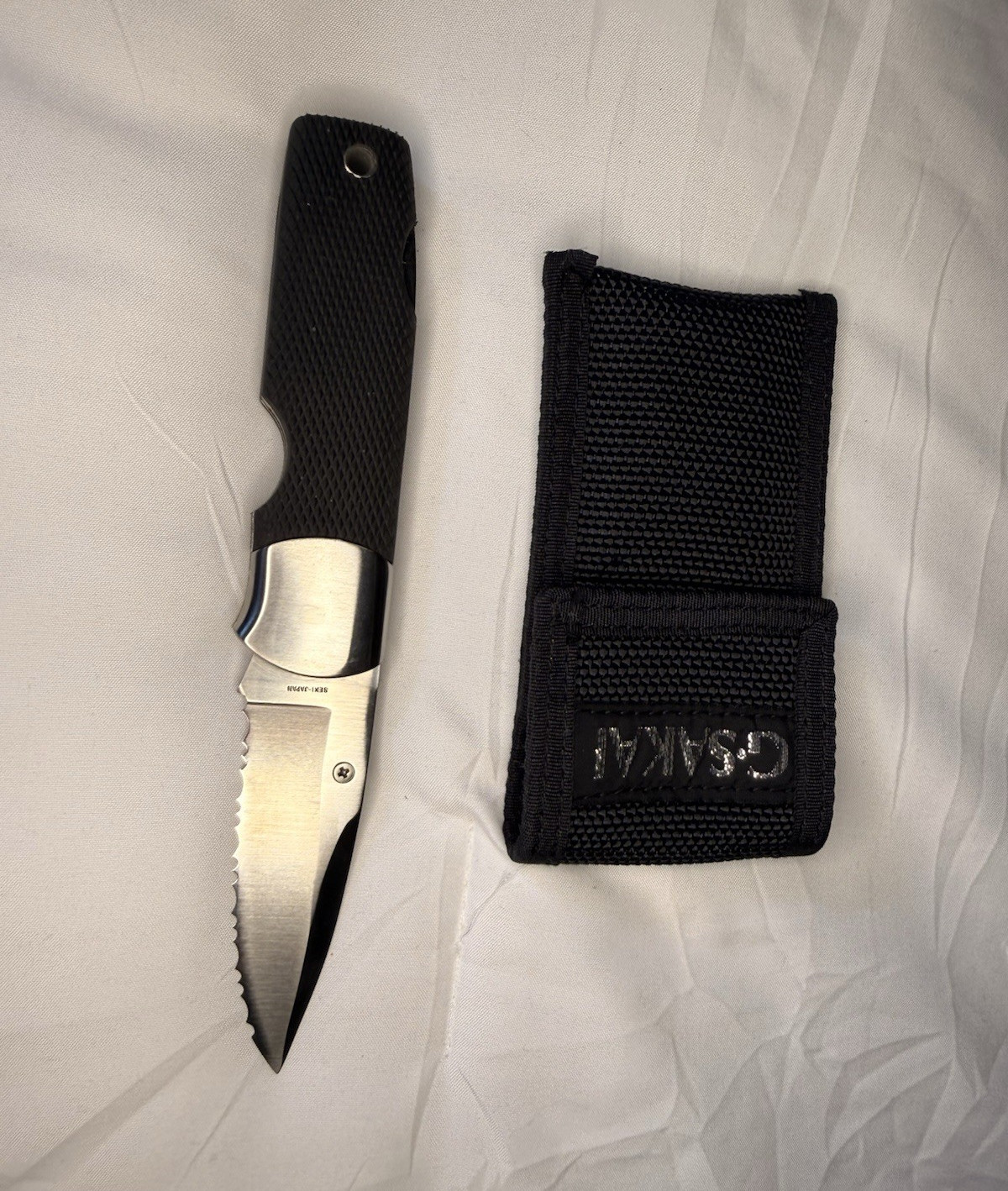 G. Sakai GS105 Pocket Knife 3in Part Serrated SS Blade Black w/ Sheath