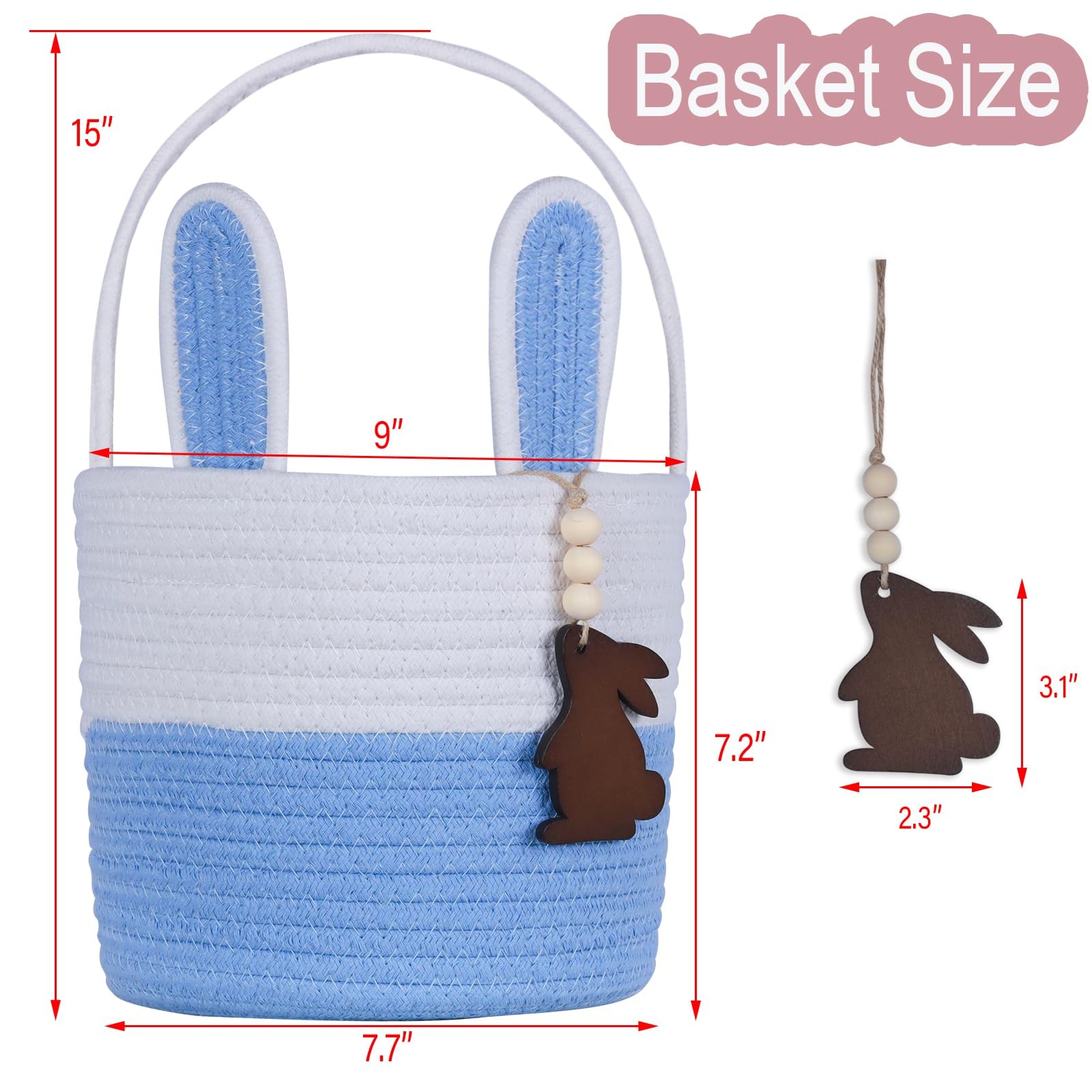 1 PCS Blue White Empty Easter Bunny Basket Name Tag Handle Kids