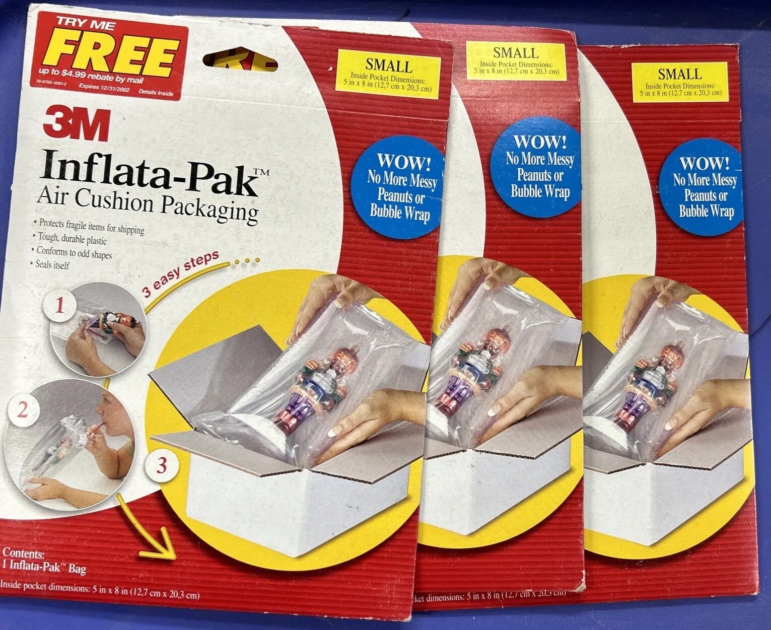 3 Pack 3M INFLATA-PAK Air Cushion Packaging Pocket Shipping Padding Bag SMALL