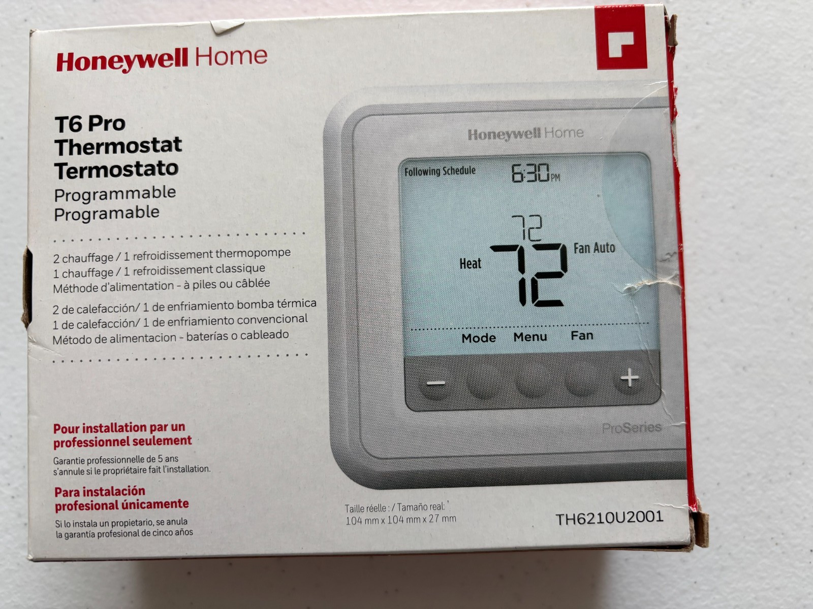 Honeywell Home T6 Pro Programmable Thermostat TH6210 w/ Box and Instructions