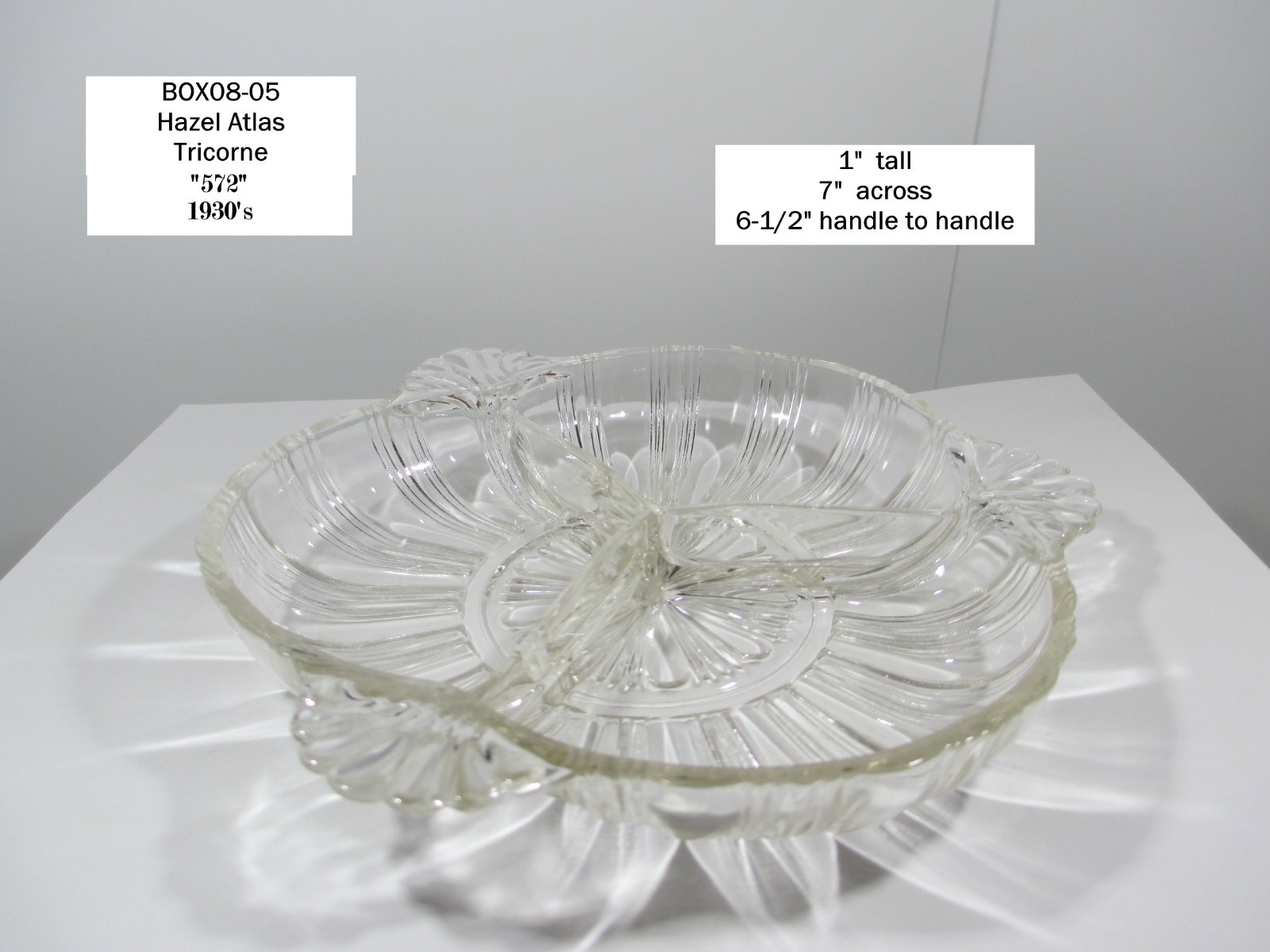Hazel Atlas "572" Tricorme clear glass divided relish dish