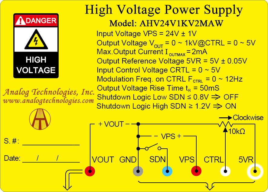 AHV24V1KV2MAW DC-DC HV Power Supply Module 24V Input 0-1KV 2mA Control