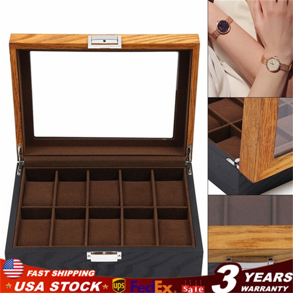 10-Slot Top Glass Watch Box Wooden Organizer Jewelry Box Storage Display Case