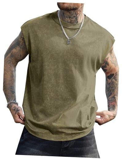 Men's Muscle Sleeveless Tank Tops Cut Off Fashion T Shirts Workout Large Olive
