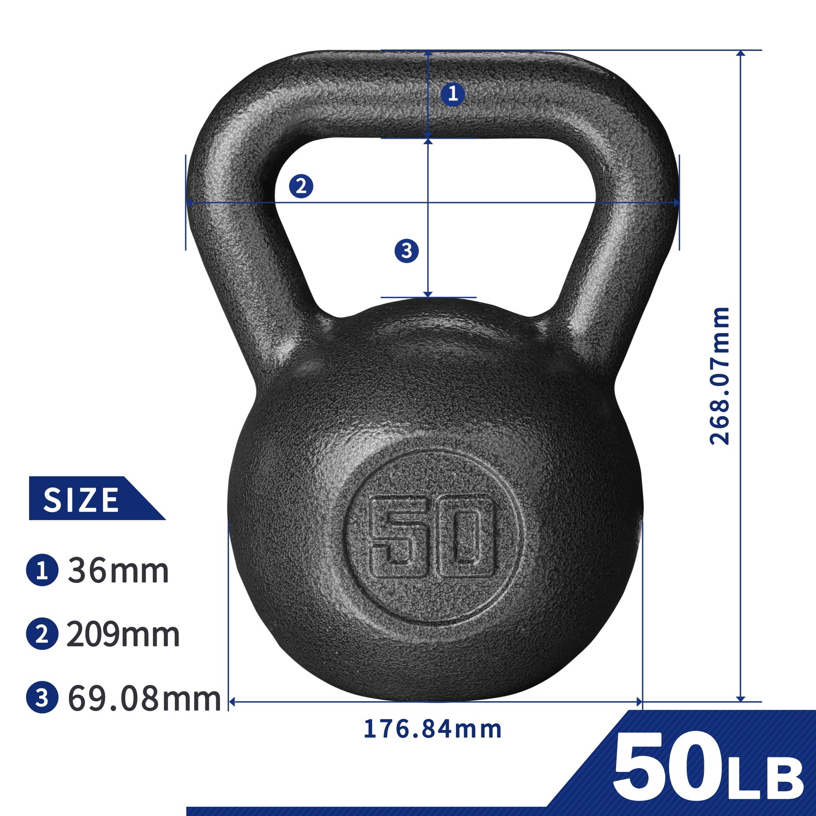 50lb Kettlebell Casting Iron Durable Hammertone Finish Strength Training Black