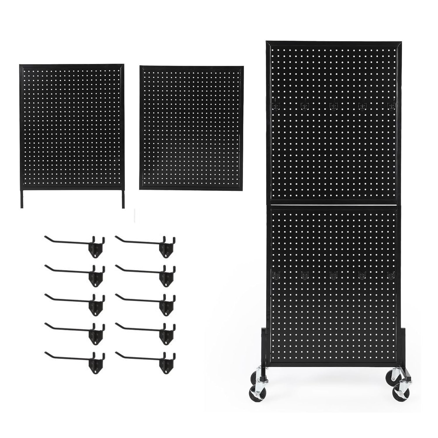 Metal Pegboard Display Stand with 10 Hooks Pegboard Panels Display with Wheels