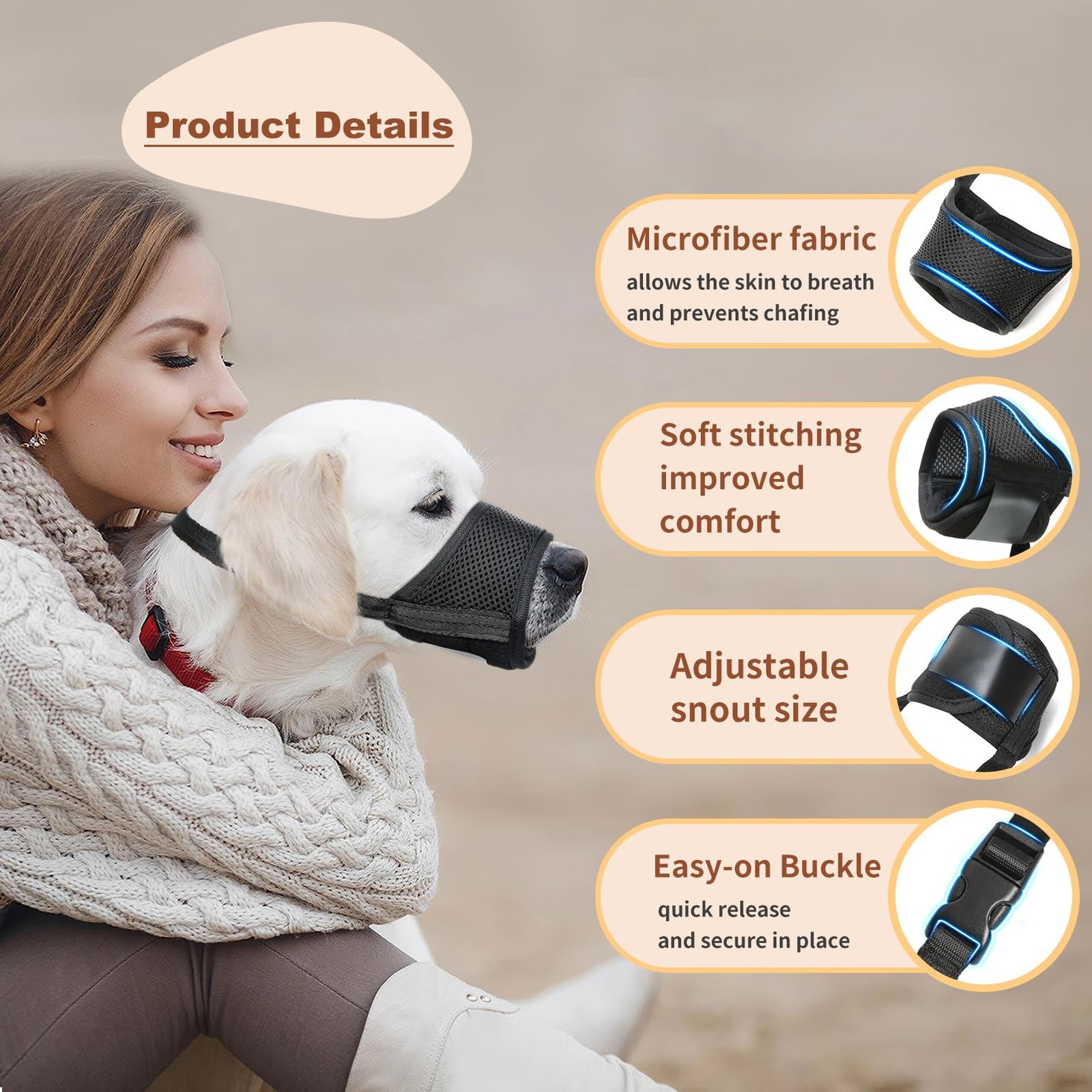 Soft Nylon Dog Muzzle for Biting, Barking, Chewing Adjustable, Breathable