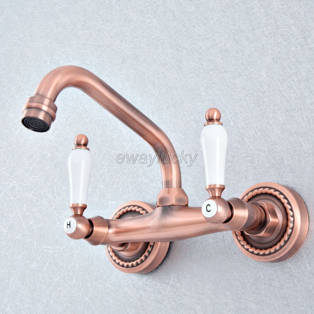 Wall Mount Red Copper Dual Handles/Holes Bathroom Basin Faucet Mixer Tap