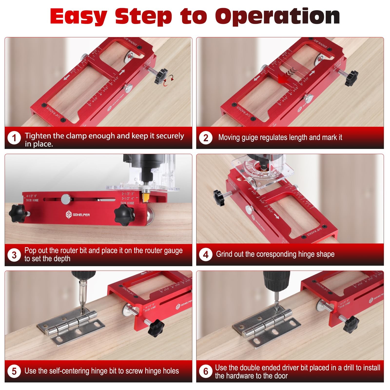 Adjustable Door Hinge Mortise Template Kit with Router for 2.5"-5" Hinges