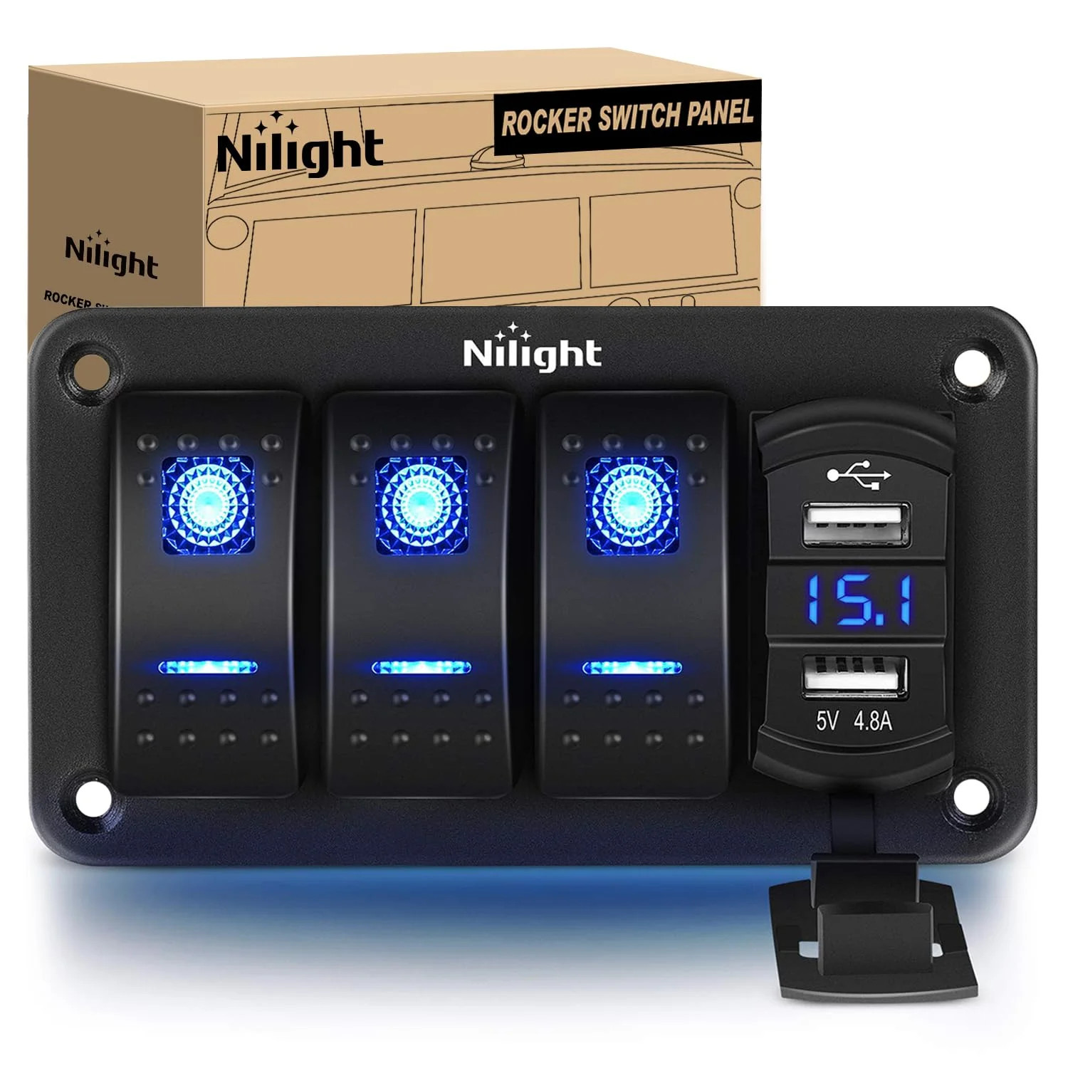 3 Gang Rocker Switch Panel with 4.8 Amp Dual USB Charger Voltmeter Water