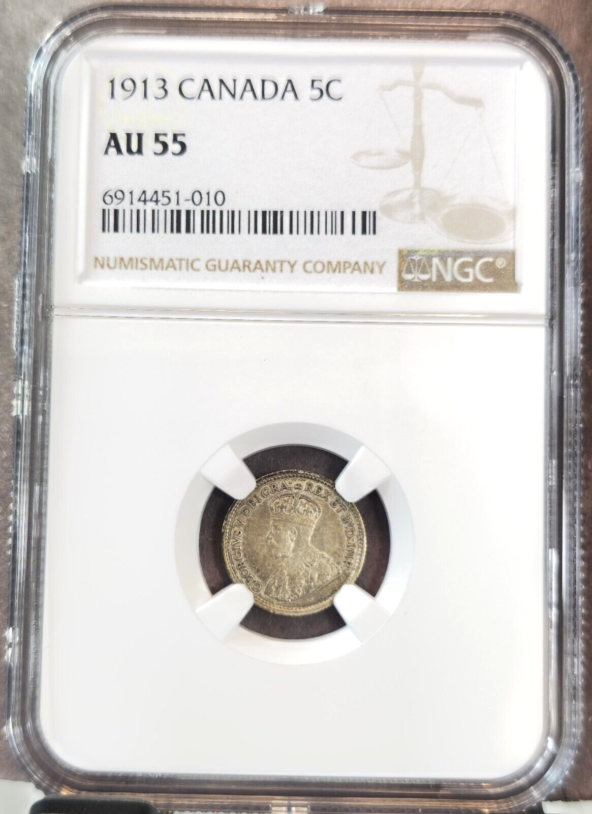 1913 CANADA SILVER 5 CENTS 5C KING GEORGE V NGC AU 55 NICE COIN
