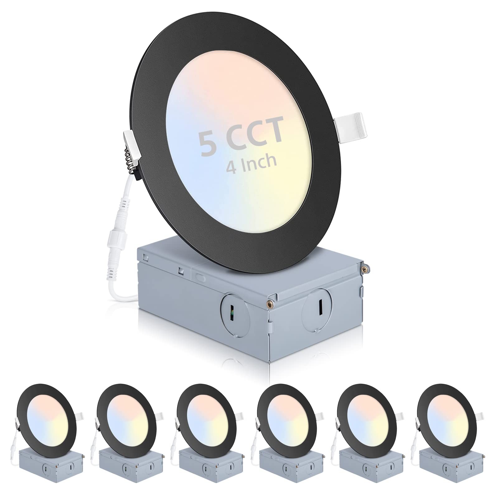6 Pack Recessed Lighting 4 Inch with Junction Box, 5CCT 4 4INCH, 6P-5CCT-BK