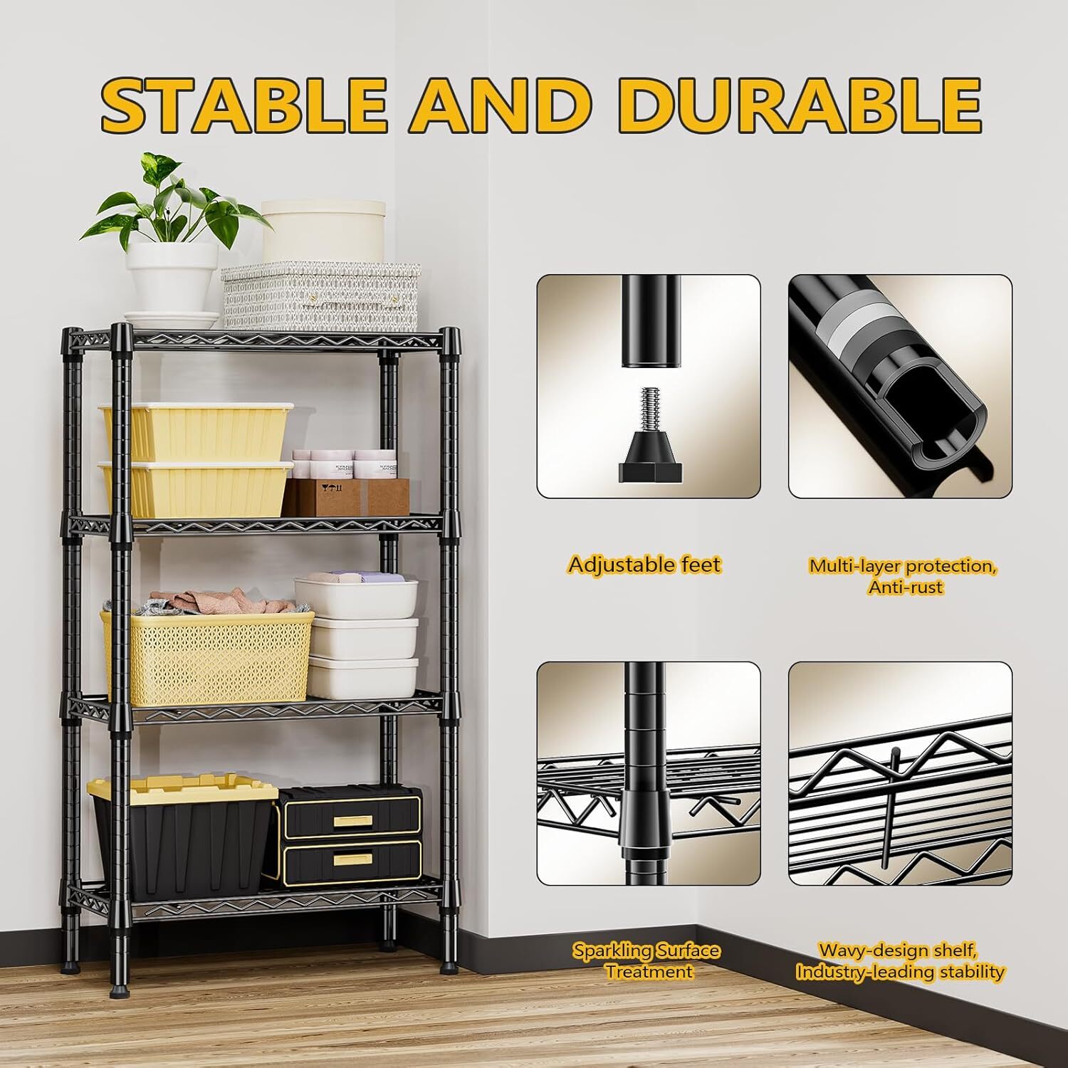 4 Tier Stackable Storage Kitchen Wire Shelves Steel Organizer Pantry Garage Rack