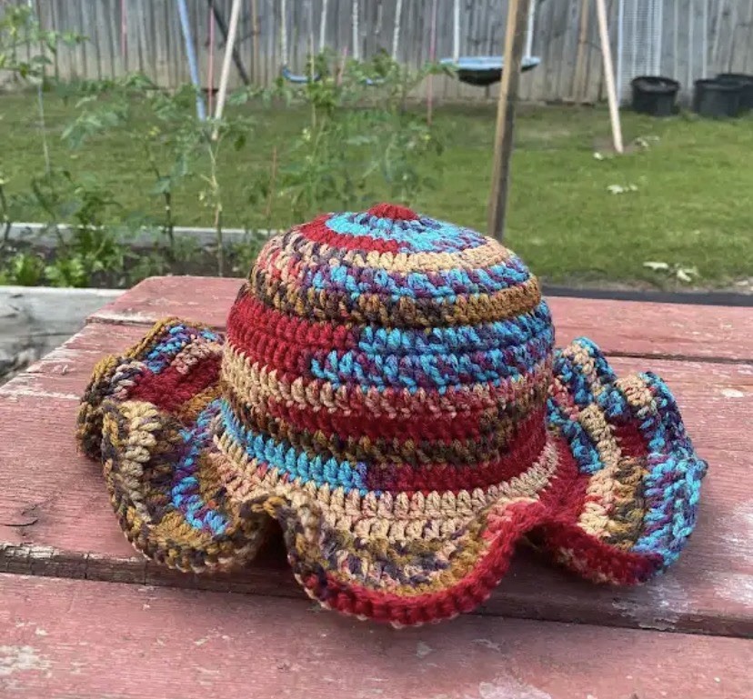 Handmade Crocheted Bucket Hat Multicolor Striped Ruffle Brim