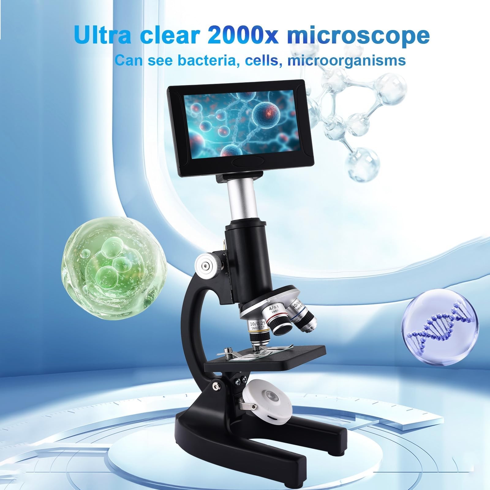 High-Power Microscope 40X-2500X Magnification, 4.3" Display, 5MP Camera, Eyepiec