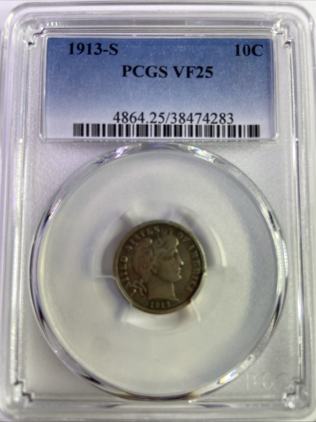 1913 S Dimes Barber or Liberty Head PCGS VF-25
