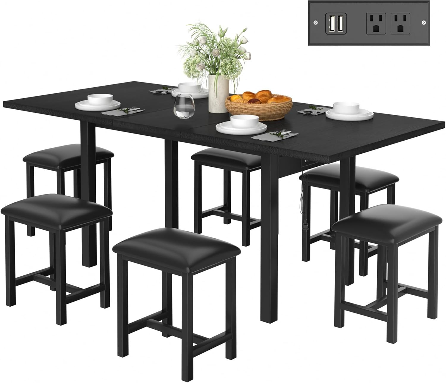 7-Piece Dining Table Set with 6 Square Stools, 63" Expandable Kitchen Table with