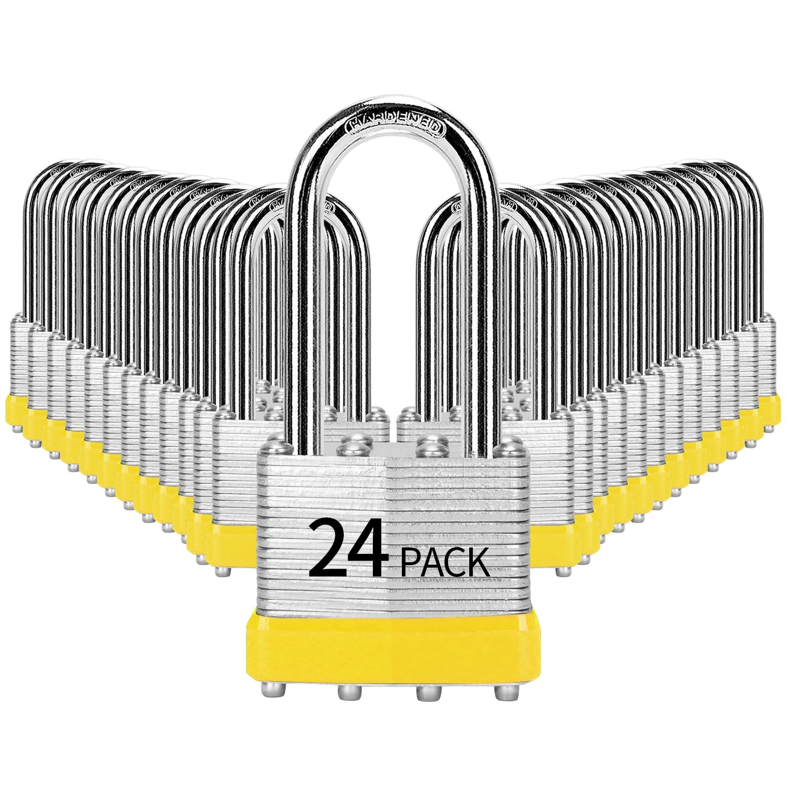 HZSY L24-Yellow Padlocks, 24-Pack, Laminated Steel, 40mm, Keyed Alike, Long