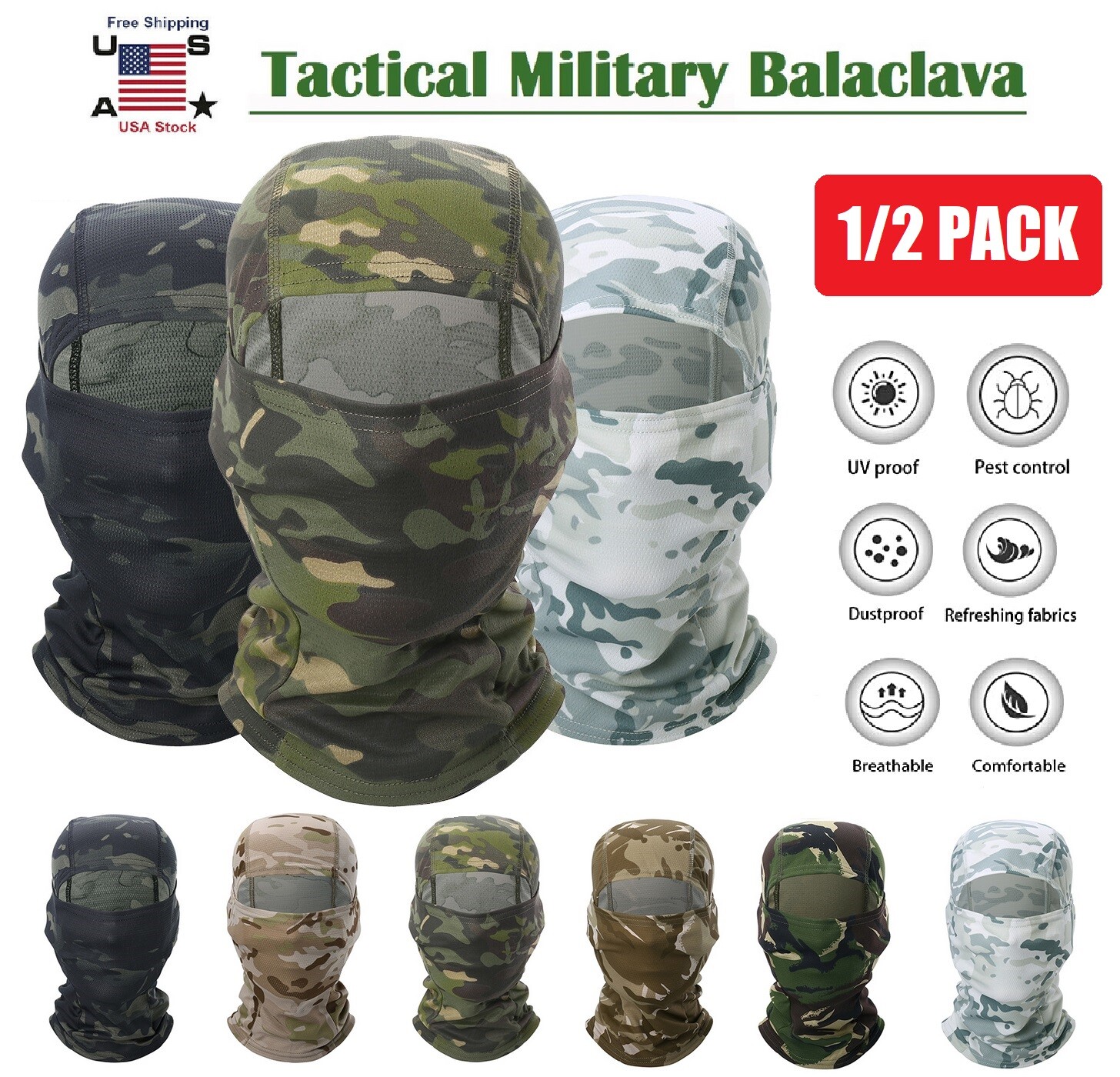 2× Tactical Military Balaclava Military Camo Face Mask Motocycle Neck Hood USA