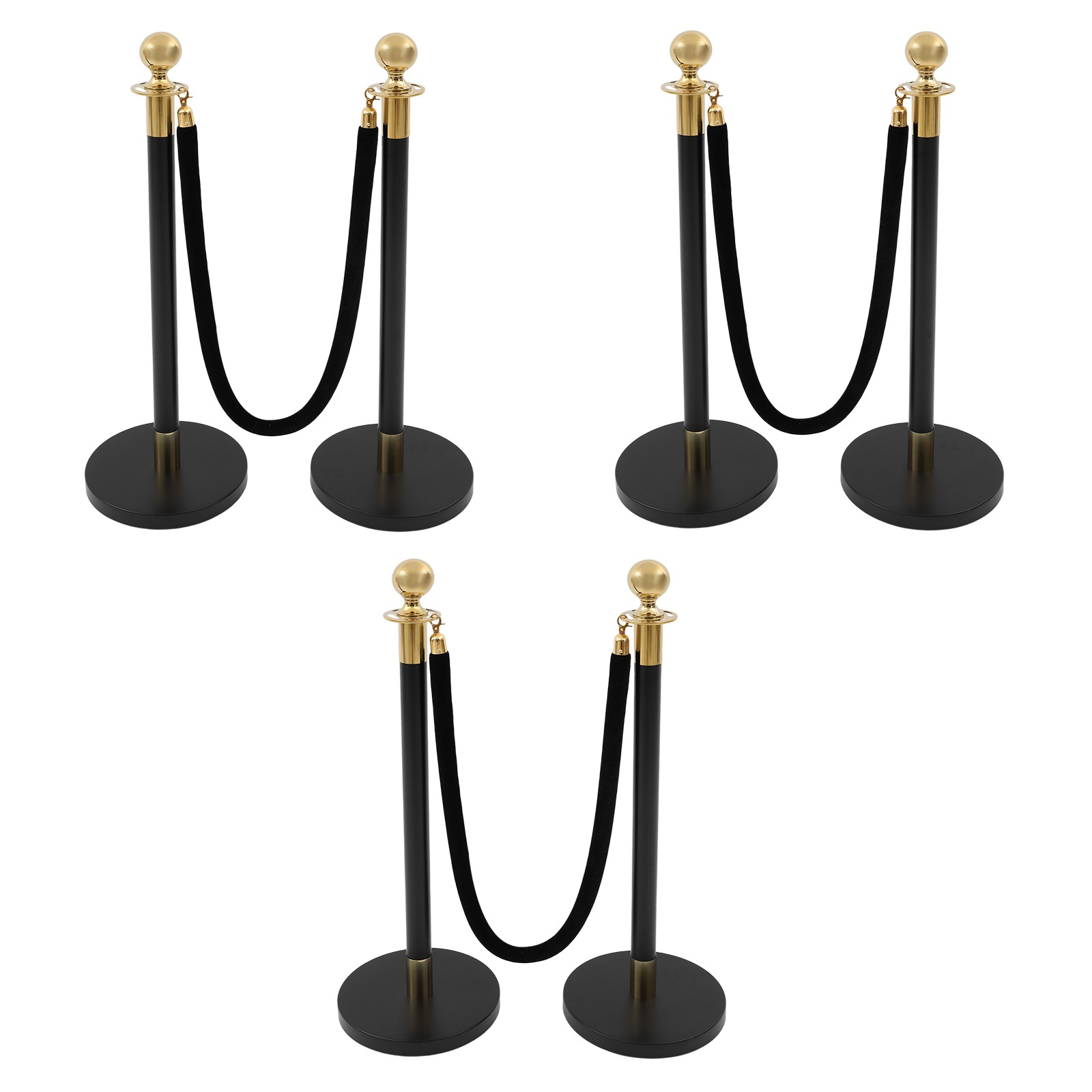 6x Gold+Black Stanchion Posts Queue Pole with 3 1.5M Ropes Crowd Control Barrier