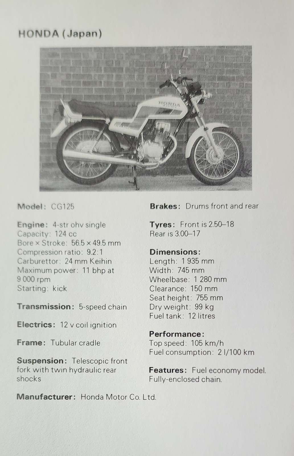 Honda Motorcycle Picture Original Vtg Detail Bike Sheet