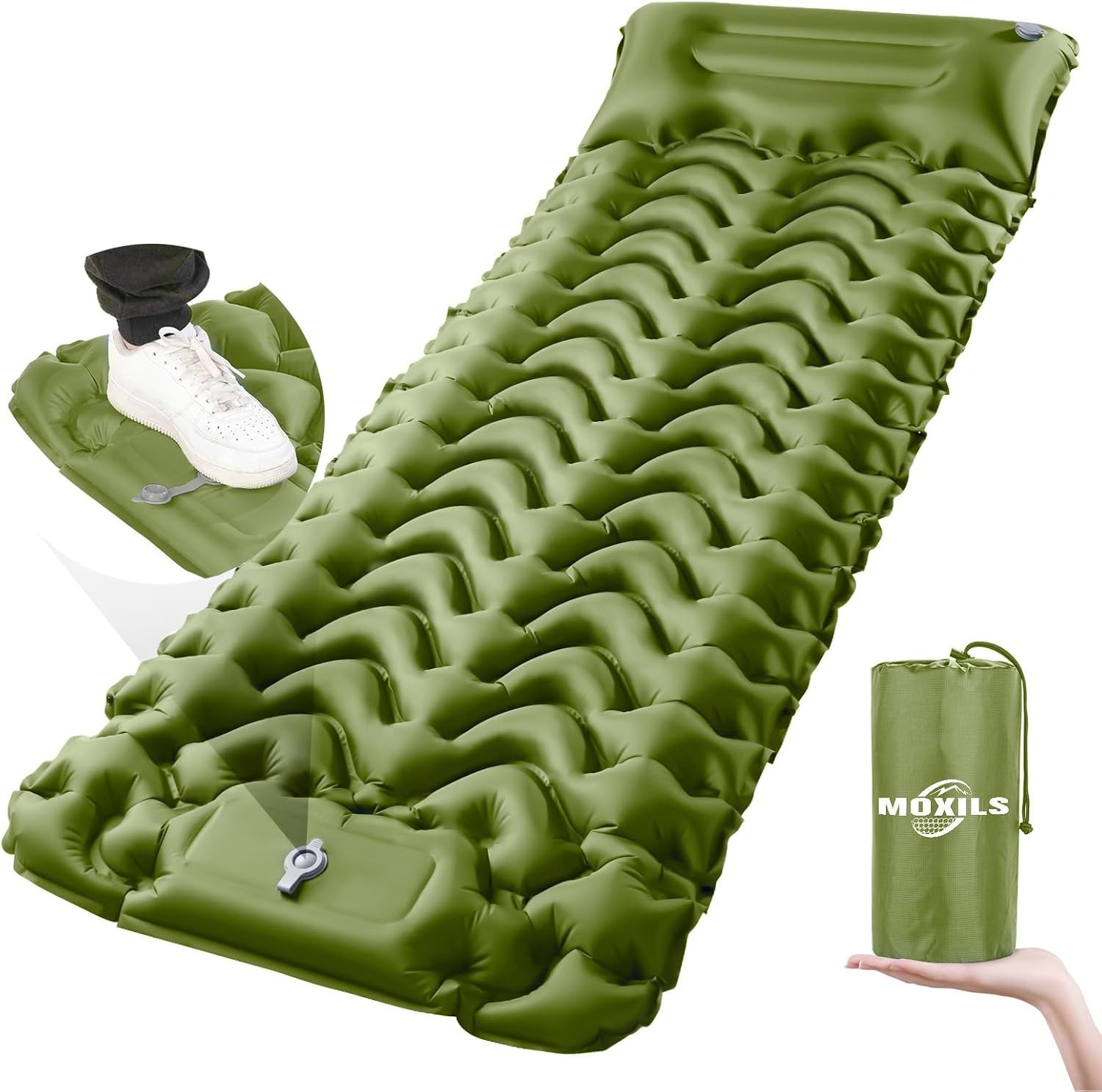 Ultralight Inflatable Sleeping Pad - Built-in Pump, Compact & Waterproof - Green