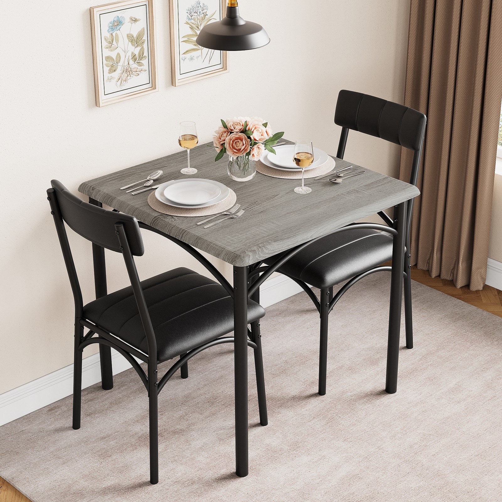 Rustic Dining Table Set for 2,Square Table with Upholstered Chairs for Apartment