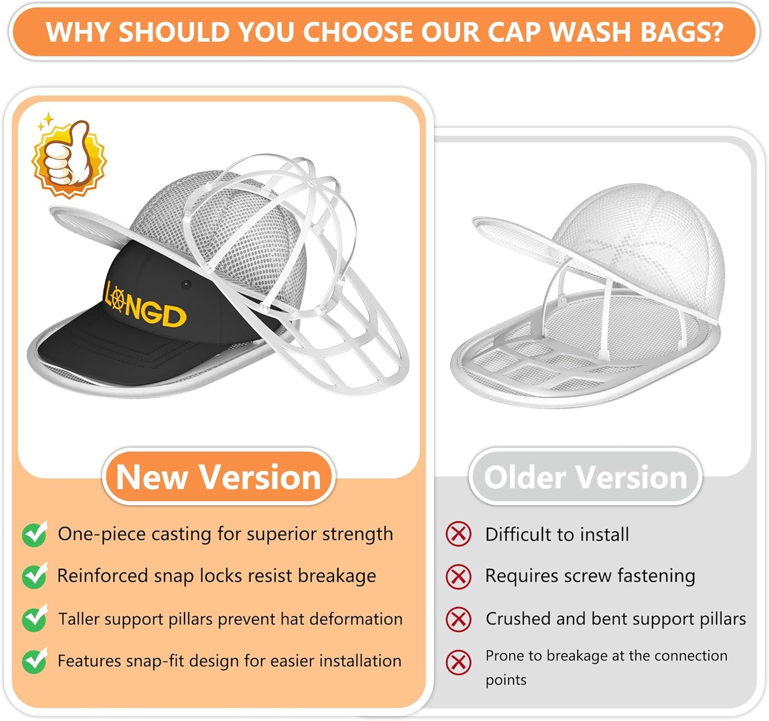 Hat Washer Cage with Snap Lock - Machine/Dryer Safe Compact Hat Cleaner for Base
