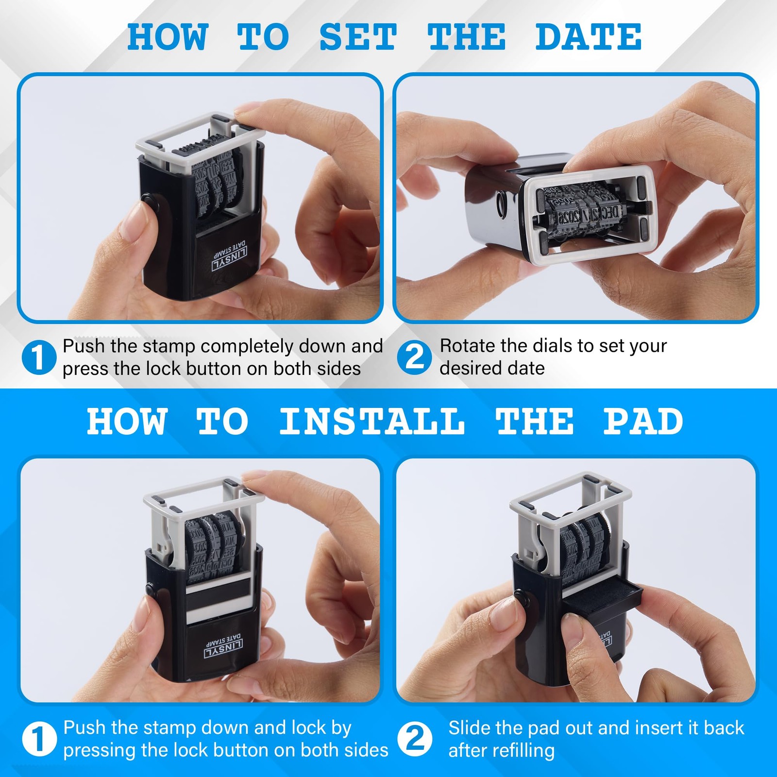 SelfInking Date Stamp, 12Year Adjustable Date Stamper with Builtin Black Ink