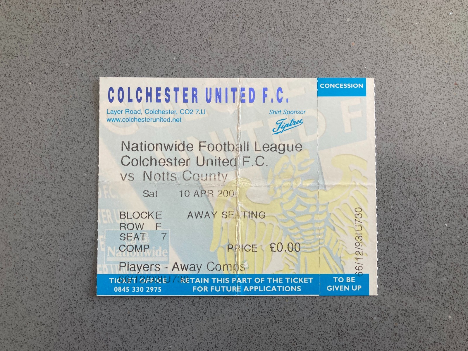 Colchester United v Notts County 2003-04 Match Ticket