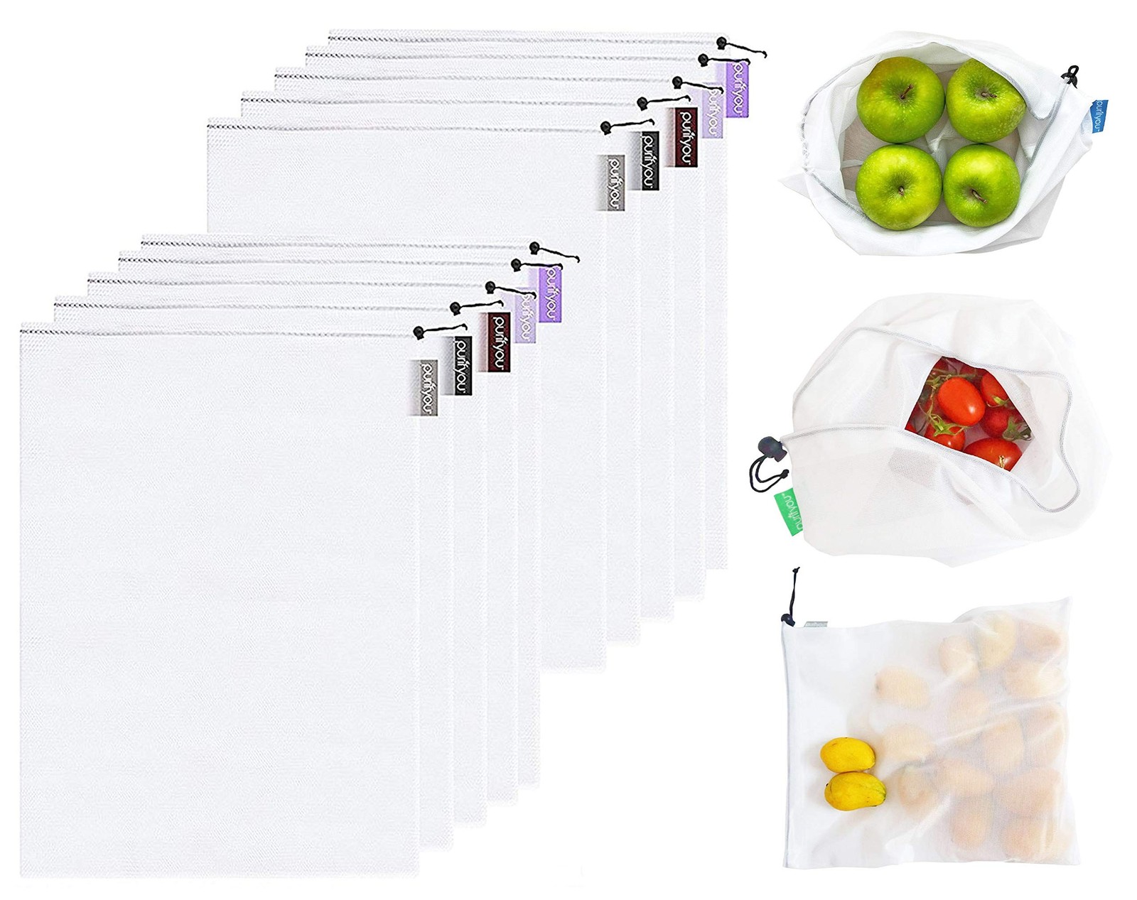 purifyou Set of 10 Reusable Mesh Produce Bags, Heavy Duty, Washable, Farmers ...